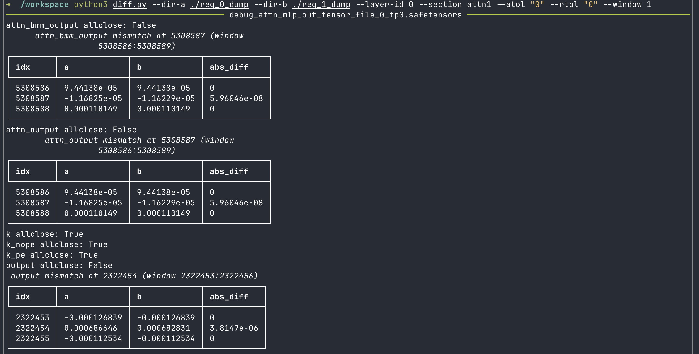 attn1 的 layer0 的输出结果对比